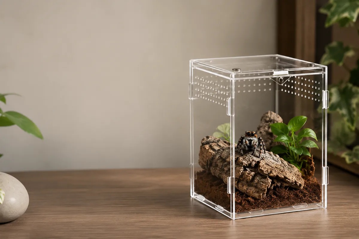 Acrylic enclosure with cork bark ready for a new occupant